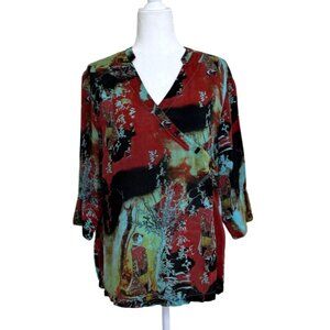 Tianello Top Asian-Inspired V-Neck Red Black Abstract Print Relaxed Women Size S